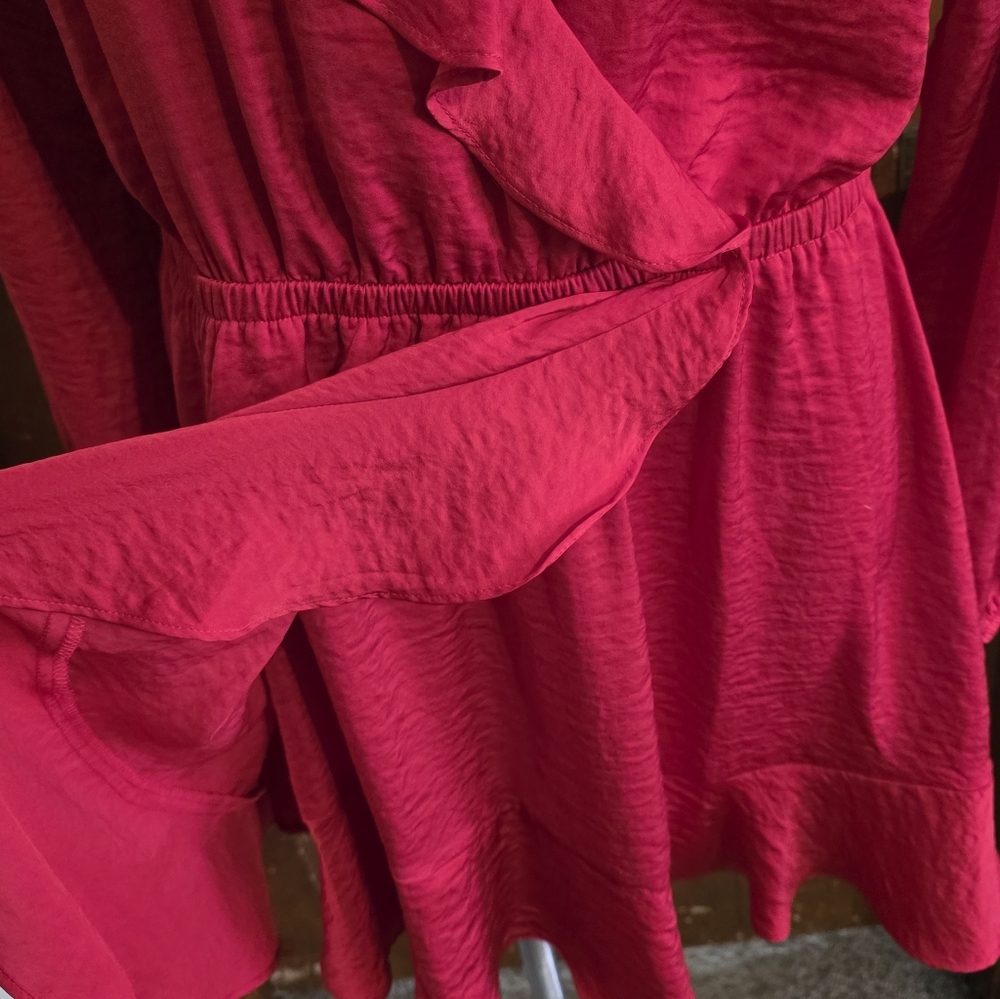 Express Factory Faux Wrap Ruffle Mini Dress Red Size L - Picture 8 of 11